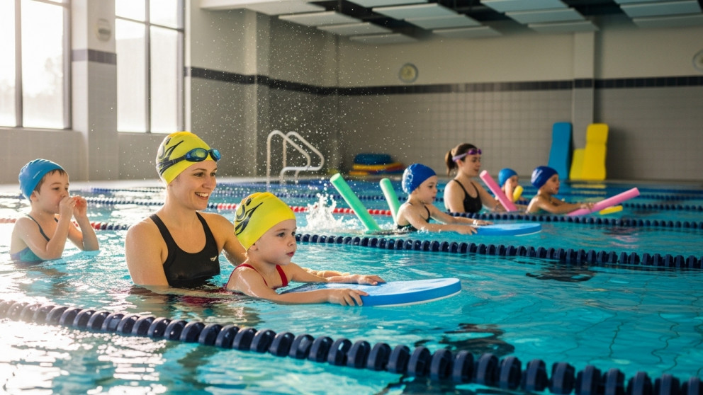 Bambini con istruttore in piscina